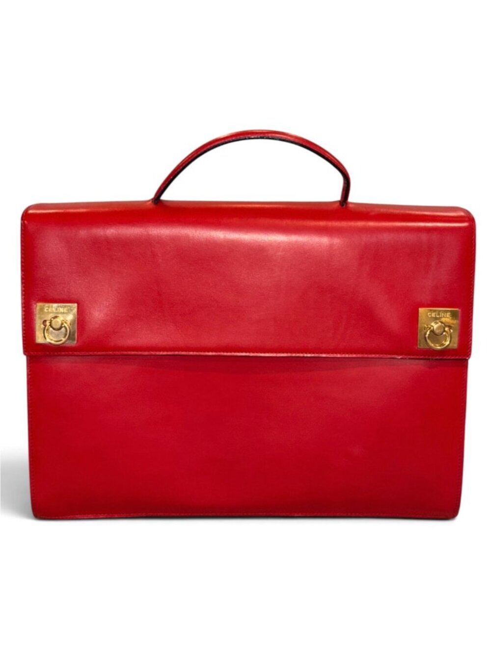 Celine Red Leather Vintage Briefcase With Gold Hardware with COA